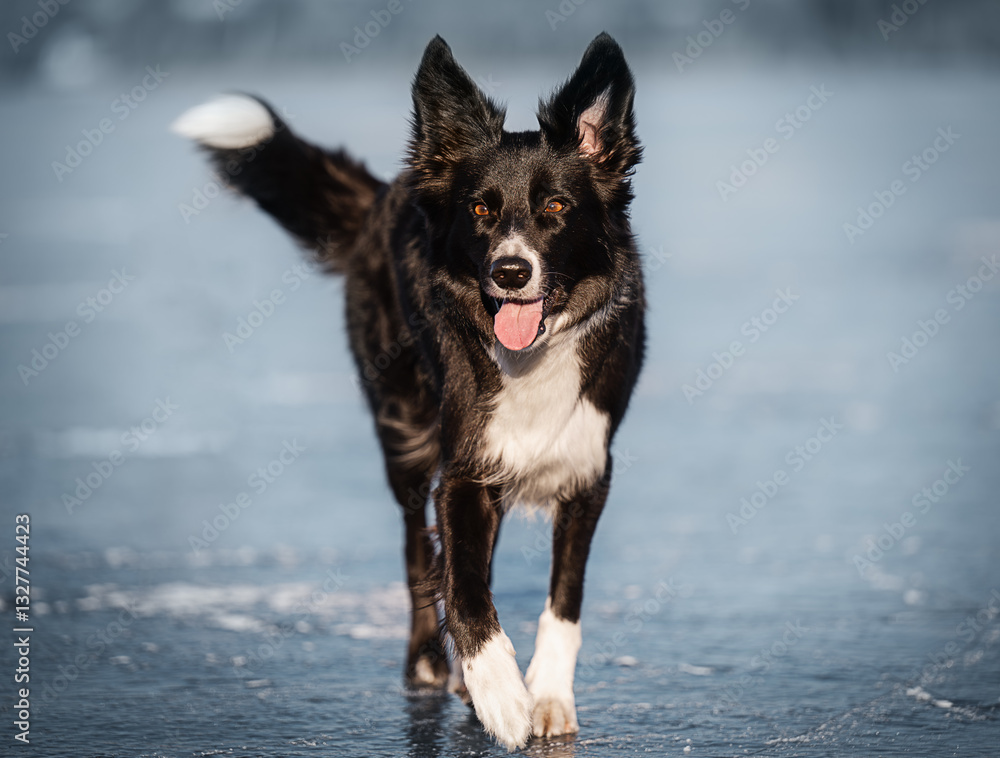 Striking Border Collie in snow, black and white fur contrasts with winter scenery, loyal and focused.