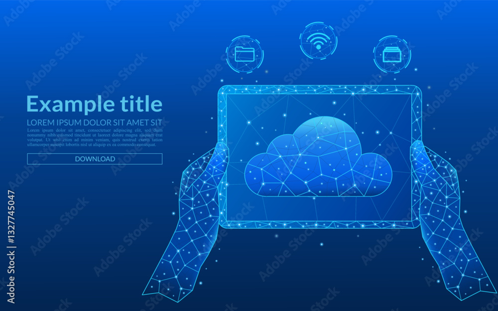 Hands holding a tablet. Abstract digital cloud computing icon with icons on a futuristic background. Low-poly cloud storage icon