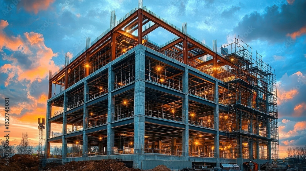 Construction Site at Sunset: A Modern Building Under Construction Construction Site at Sunset: A Modern Building Under Construction