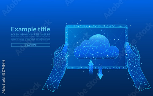 Hands holding a tablet, low-poly data storage concept. Cloud technology. Internet and network services concept.