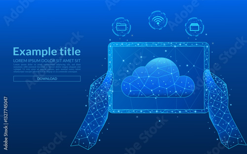 Hands holding a tablet. Abstract digital cloud computing icon with icons on a futuristic background. Low-poly cloud storage icon