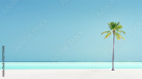   A lone palm tree stands on a white sand beach, surrounded by blue skies