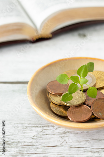 Green plant growing from coins with holy bible book in the background. Christian tithing, offering, and blessing from God Jesus Christ, biblical concept.