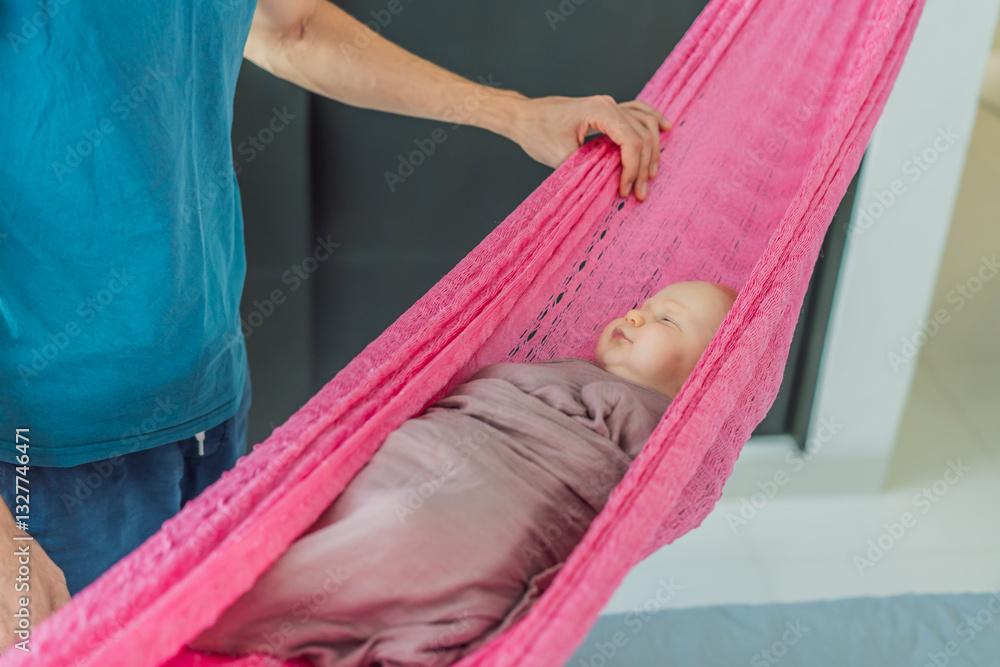 A 3-month-old baby peacefully falls asleep in a soft muslin swaddle while cradled in a cozy hammock. A serene and tender moment of comfort and relaxation. Baby care, rest, and tranquility concept
