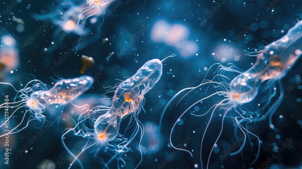 Microscopic view of bacteria with flagella - scientific exploration for educational materials Microscopic view of bacteria with flagella - scientific exploration for educational materials