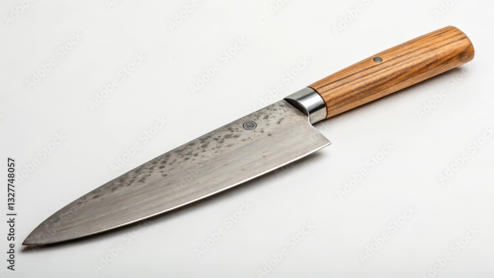 Fototapeta premium Chef's Knife, Damascus Steel, Wooden Handle, Isolated on White