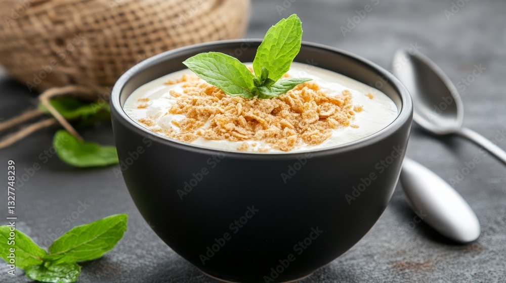 Creamy dessert topped with crunchy flakes and fresh mint leaves, set on a textured background Creamy dessert topped with crunchy flakes and fresh mint leaves, set on a textured background