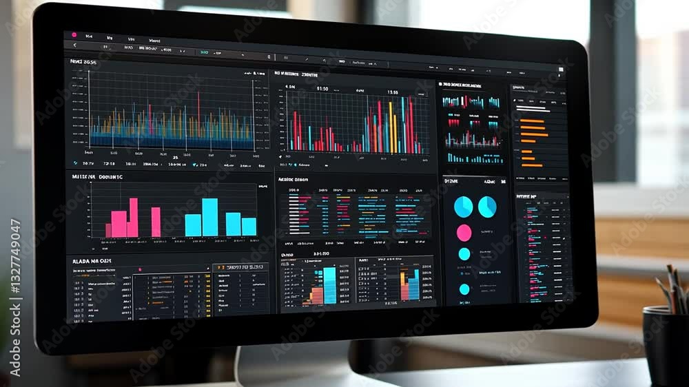 Modern business intelligence dashboard interface on a desktop computer display Modern business intelligence dashboard interface on a desktop computer display