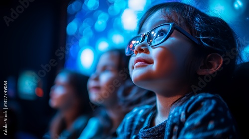 Children Engaged in Wonder During an Interactive Light Show at a Science Center in the Evening