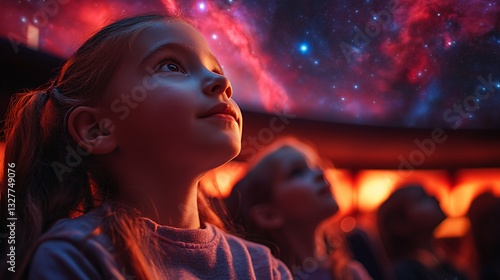 Children Captivated by a Celestial Show in a Planetarium During an Educational Event at Night