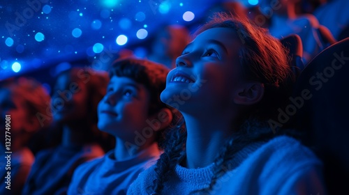Young Audience Captivated by a Starry Sky Display During an Educational Event in a Theater Setting