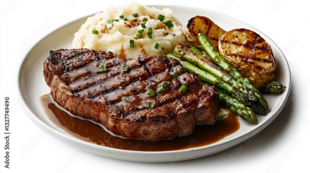 Grilled Steak with Creamy Mashed Potatoes and Fresh Vegetables on a Plate - Perfect for Culinary Promotions, Restaurant Menus, and Food Photography Grilled Steak with Creamy Mashed Potatoes and Fresh Vegetables on a Plate - Perfect for Culinary Promotions, Restaurant Menus, and Food Photography