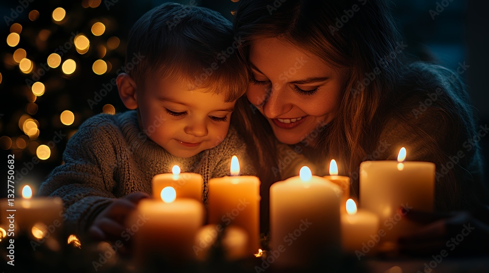 Joyful Moments Shared by a Mother and Her Young Son While Lighting Candles During a Festive Occasion in a Cozy, Warmly Lit Space Joyful Moments Shared by a Mother and Her Young Son While Lighting Candles During a Festive Occasion in a Cozy, Warmly Lit Space