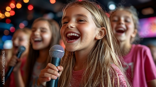 Girls Enjoy Karaoke Performance in Lively Venue Filled With Colorful Lights During Evening Entertainment