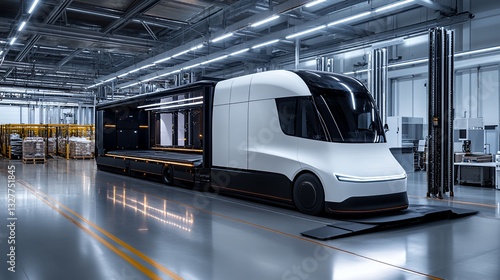 Electric Delivery Truck Designed for Efficient Logistics Operations in a Modern Warehouse Environment at Night