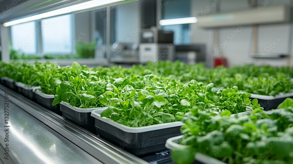 Fresh Greens Growing in an Indoor Hydroponic Farm During the Day Fresh Greens Growing in an Indoor Hydroponic Farm During the Day