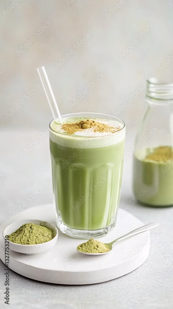 Glass of creamy matcha latte with a straw and some powder on a tray and bottle. Healthy and delicious beverage. Glass of creamy matcha latte with a straw and some powder on a tray and bottle. Healthy and delicious beverage.