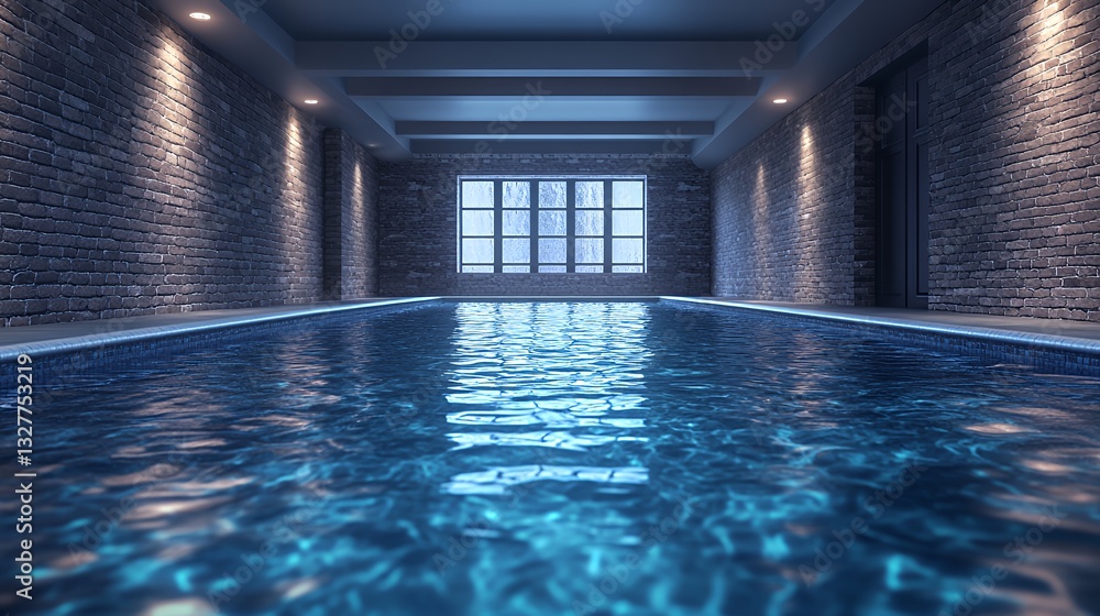 Fototapeta premium Elegant Indoor Swimming Pool With Soft Lighting and Reflective Water in a Serene Setting