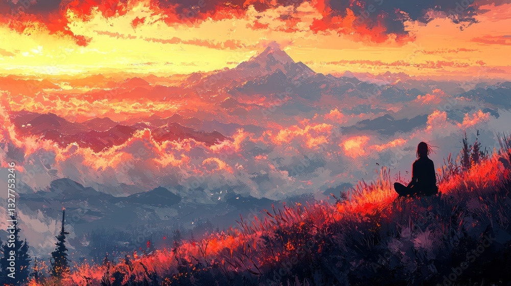 Fototapeta premium Serene Sunset Mountaintop Meditation