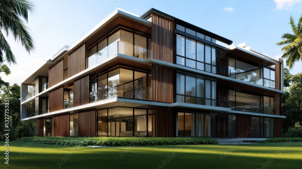 A modern architectural masterpiece featuring large glass windows and wooden slats integrated into the facade A modern architectural masterpiece featuring large glass windows and wooden slats integrated into the facade