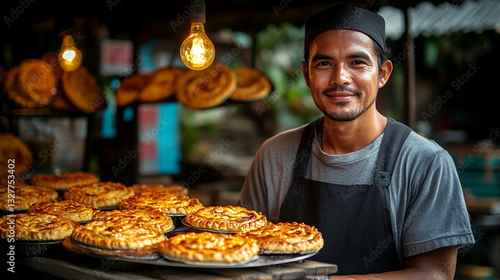 Smiling Baker Showcasing Freshly Baked Pastries in a Vibrant Market Setting During the Afternoon Smiling Baker Showcasing Freshly Baked Pastries in a Vibrant Market Setting During the Afternoon