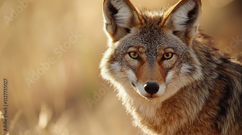 Portrait of cunning coyote with sharp features golden eyes and thick fur A desert landscape in soft focus adds depth to this high detail wildlife shot photo