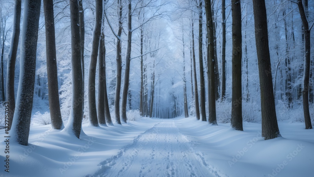 Naklejka premium Magical winter landscape featuring a path flanked by snowy trees in a forest with falling snow.