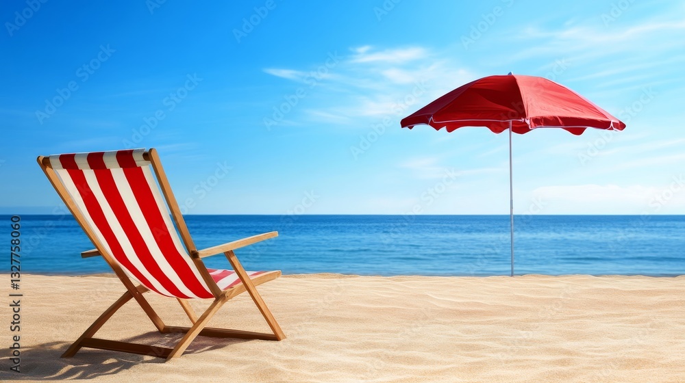 Relaxing beach scene with a red umbrella and striped chair overlooking calm ocean waves Relaxing beach scene with a red umbrella and striped chair overlooking calm ocean waves