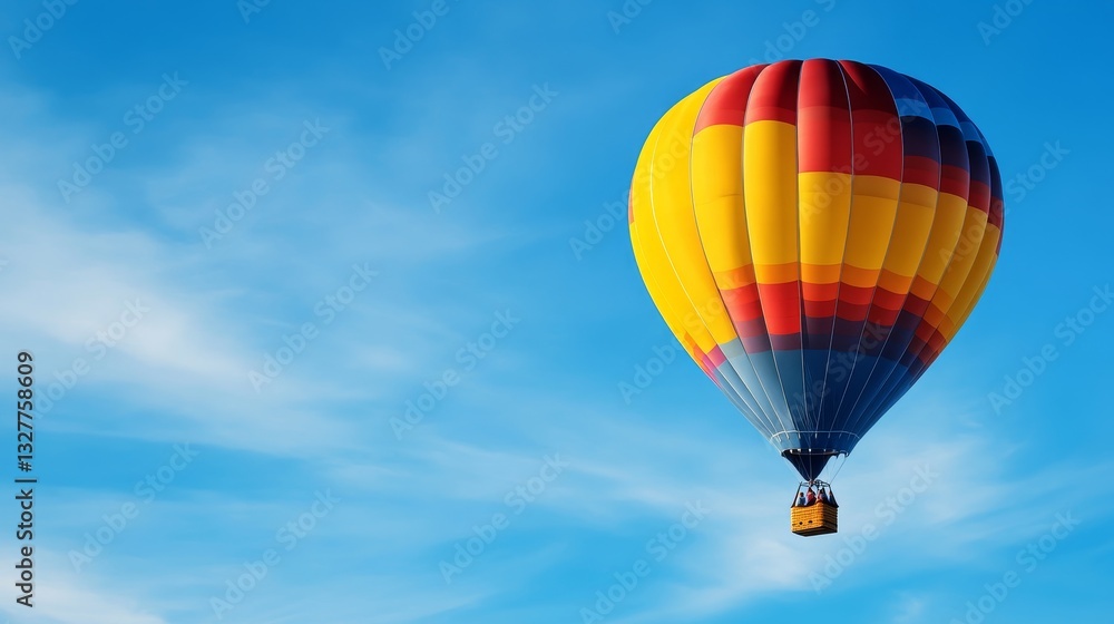 Naklejka premium Vibrant hot air balloon soaring against a clear blue sky, showcasing freedom and adventure