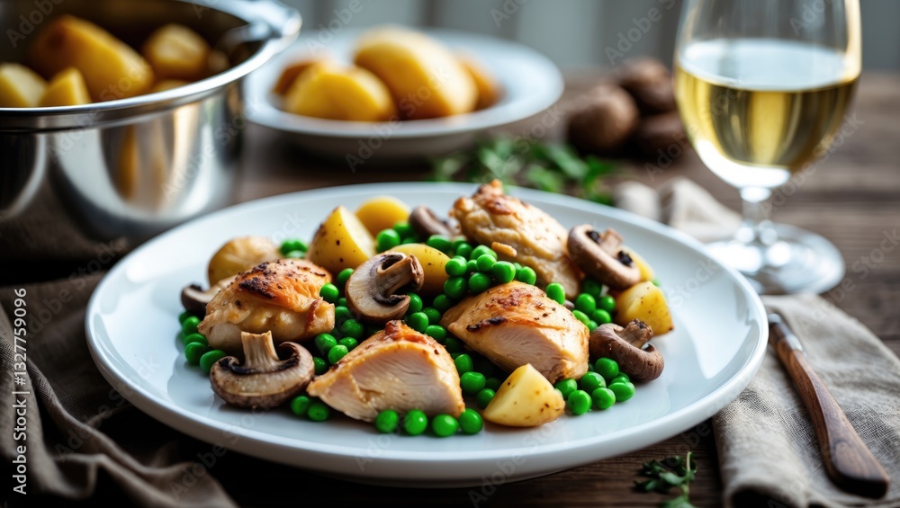 Chicken with potatoes, mushrooms, and green peas, served on a white plate alongside a metal pot, horizontal. Chicken with potatoes, mushrooms, and green peas, served on a white plate alongside a metal pot, horizontal.