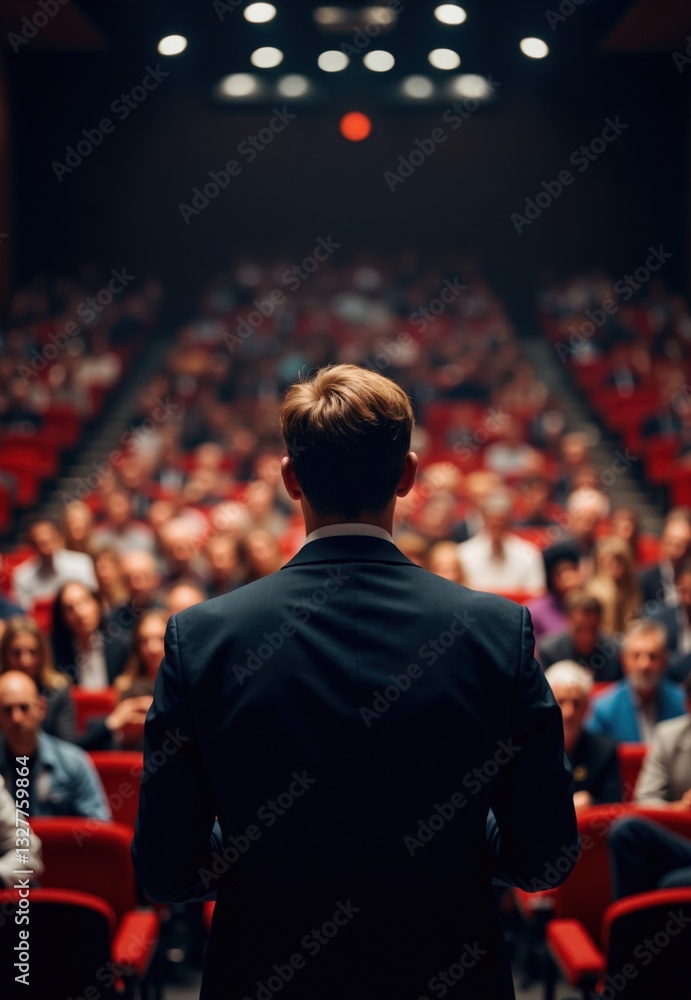 Man in Suit Addressing Large Audience in Auditorium Man in Suit Addressing Large Audience in Auditorium