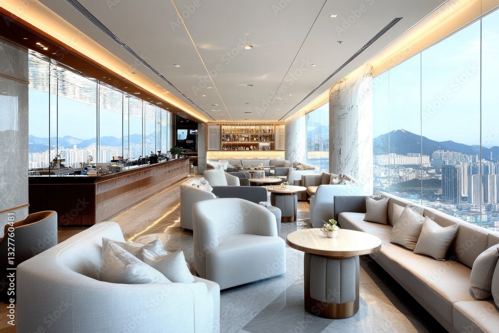 Luxurious lounge with panoramic city view. Luxurious lounge with panoramic city view.