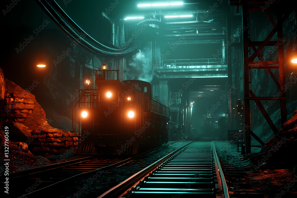 Obraz premium Dramatic deep-set mining cart gleams on rugged tracks beneath ambient industrial lighting and stark shadows