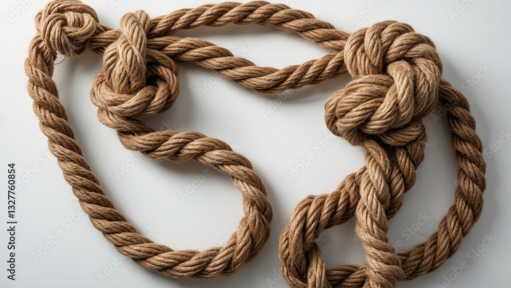 Long brown jute rope featuring knots and curls set against a white background. Long brown jute rope featuring knots and curls set against a white background.
