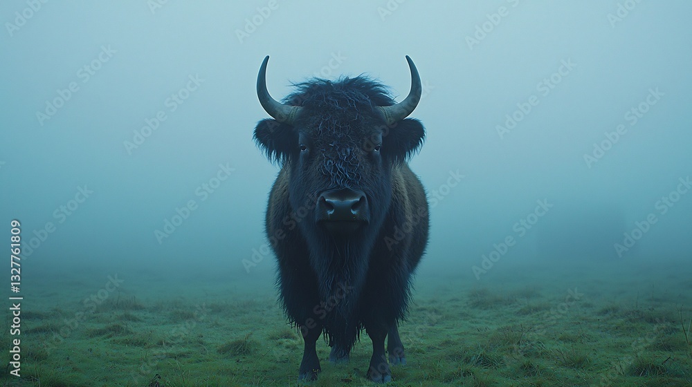 Naklejka premium Portrait of mighty bison with thick shaggy fur curved horns and deep set eyes The misty grassland background adds to the primal strength of this ancient beast