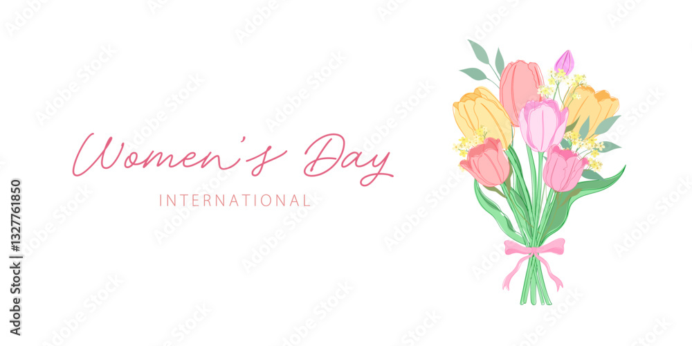 Naklejka premium Happy Mother's Day banner design. Tulip bouquet vector illustration with text space. Red, pink and orange colored beautiful spring flower.