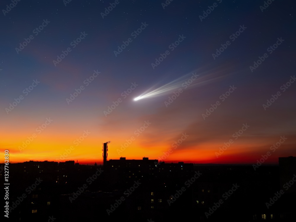 Comet over the city at sunset. Comet tail in the sky, astronomical landscape. Astrophotography of a celestial body. Comet over the city at sunset. Comet tail in the sky, astronomical landscape. Astrophotography of a celestial body.