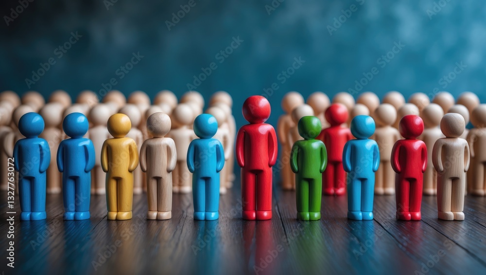 Lines of wooden figures and various ones representing diversity. Lines of wooden figures and various ones representing diversity.