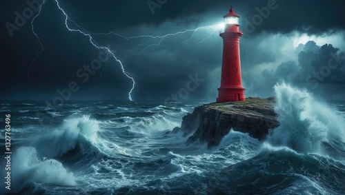 Fototapeta Naklejka Na Ścianę i Meble -  Lighthouse In a Stormy Setting - Leader And Vision Concept