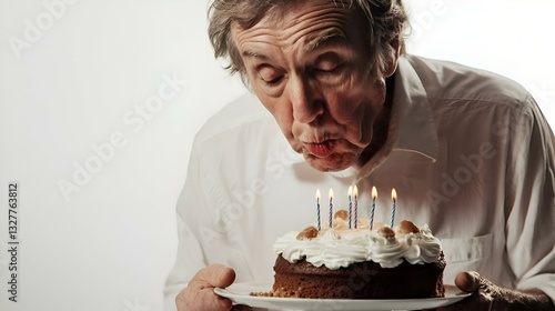 Pria Tua Meniup Lilin Kue Ulang Tahun Terisolasi Dengan Latar Belakang Putih