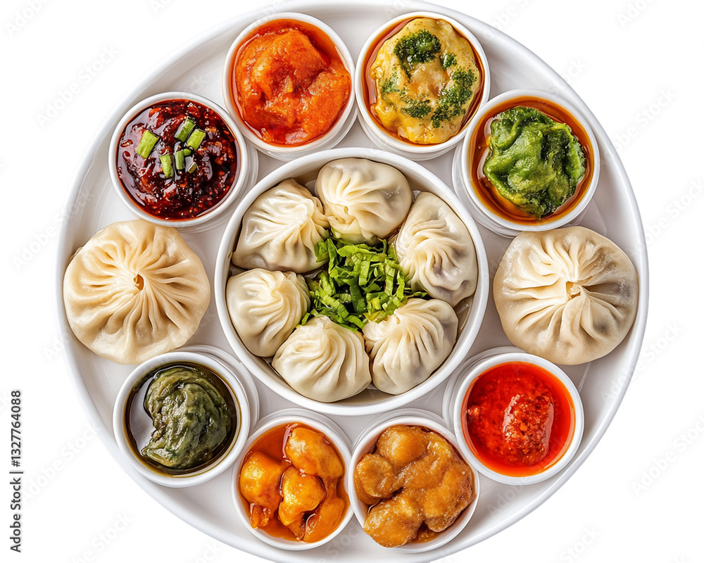 Overhead View of Momo Dumplings and Various Sauces on White Round Plate, PNG Overhead View of Momo Dumplings and Various Sauces on White Round Plate, PNG