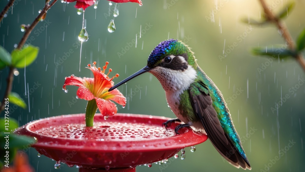 Fototapeta premium California Hummingbirds Seeking Shelter From Rain While Snacking