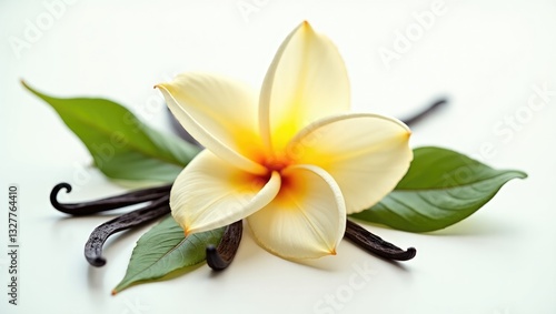 Delicate light beige vanilla flower accompanied by pods and leaves, set against a white background.