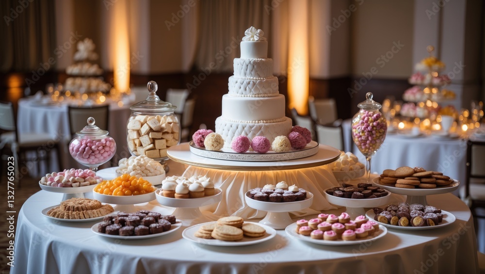 close up of a candy table featuring sweet treats, wrapped candy in white packaging with satin ribbon close up of a candy table featuring sweet treats, wrapped candy in white packaging with satin ribbon
