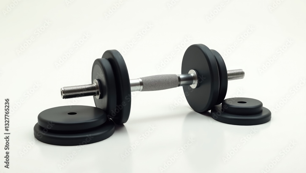 The metal dumbbell and weights set apart on a white background. The metal dumbbell and weights set apart on a white background.