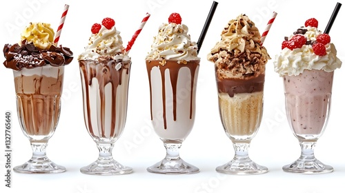 Koleksi Milkshake Beragam Rasa dengan Topping Melimpah Terisolasi pada Latar Belakang Putih