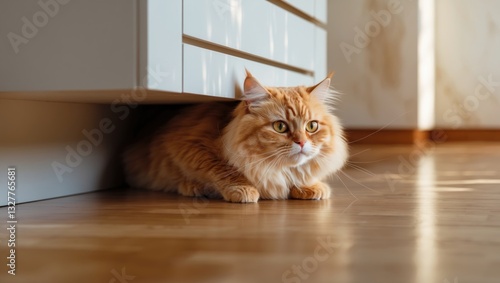 the cat is concealed beneath the closet, avoiding people. cat enjoys hide and seek. photo