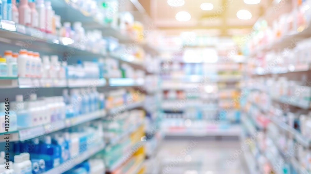 custom made wallpaper toronto digitalRetail pharmacy store with blurred interior and stocked shelves.