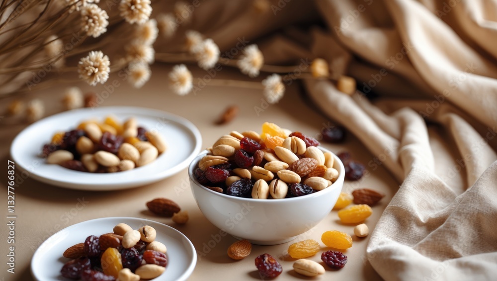 A combination of different nuts and raisins in a white bowl set against a beige background. A combination of different nuts and raisins in a white bowl set against a beige background.