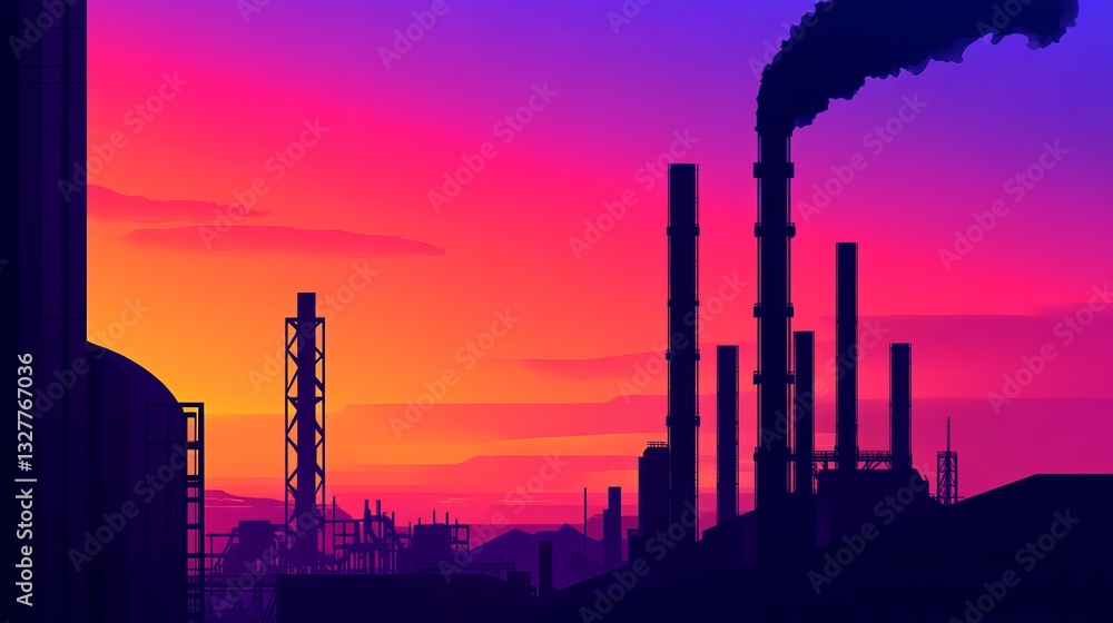 Industrial skyline at sunset with smokestacks and vibrant color reflecting in the sky Industrial skyline at sunset with smokestacks and vibrant color reflecting in the sky